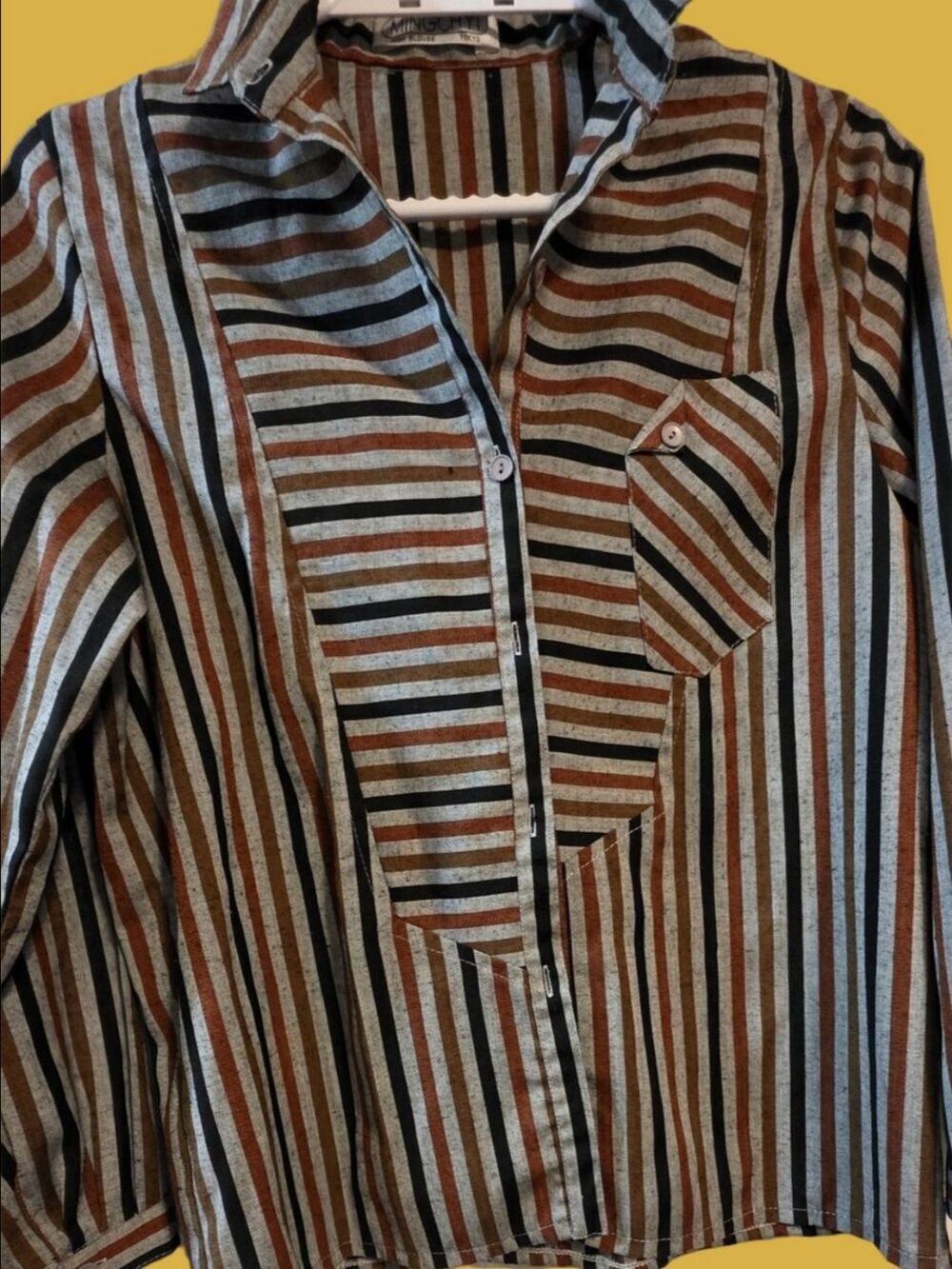 4/$67 Deal! Vintage Mingchyi Striped Button-Down Shirt in Rust, Black & Cream